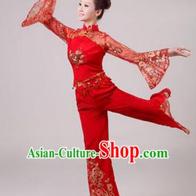 Traditional Chinese Yangge Fan Dancing Costume, Folk Dance Yangko Paillette Dress Costume, Classic Dance Drum Dance Red Embroidered Clothing for Women