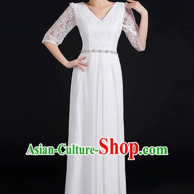 Traditional Chinese Modern Dancing Costume, Women Opening Classic Chorus Singing Group Dance Lace Clothing, Modern Dance Long White Dress for Women
