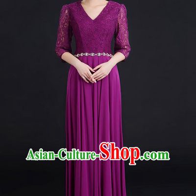 Traditional Chinese Modern Dancing Costume, Women Opening Classic Chorus Singing Group Dance Lace Clothing, Modern Dance Long Purple Dress for Women
