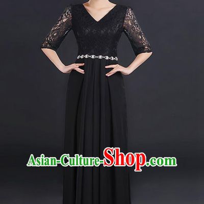 Traditional Chinese Modern Dancing Costume, Women Opening Classic Chorus Singing Group Dance Lace Clothing, Modern Dance Long Black Dress for Women