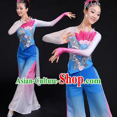 Traditional Chinese Yangge Fan Dancing Costume, Folk Dance Yangko Paillette Uniforms, Classic Lotus Dance Dress Drum Dance Blue Clothing for Women