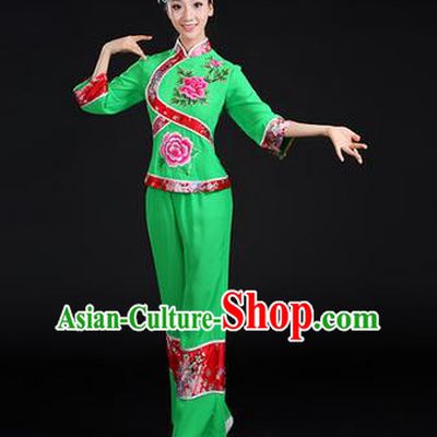 Traditional Chinese Yangge Fan Dancing Costume, Folk Dance Yangko Peony Uniforms, Classic Dance Dress Drum Dance Green Clothing for Women