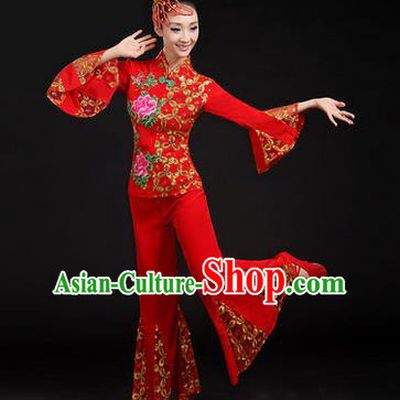 Traditional Chinese Yangge Fan Dancing Costume, Folk Dance Yangko Embroider Uniforms, Classic Dance Dress Drum Dance Red Clothing for Women