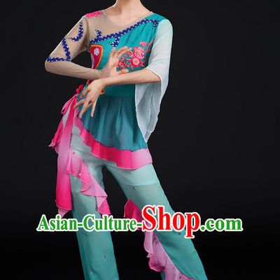 Traditional Chinese Yangge Fan Dancing Costume, Folk Dance Yangko Paillette Flowers Uniforms, Classic Dance Dress Drum Dance Dark Blue Clothing for Women