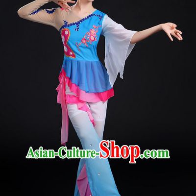 Traditional Chinese Yangge Fan Dancing Costume, Folk Dance Yangko Paillette Flowers Uniforms, Classic Dance Dress Drum Dance Blue Clothing for Women