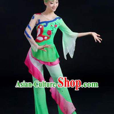 Traditional Chinese Yangge Fan Dancing Costume, Folk Dance Yangko Paillette Flowers Uniforms, Classic Dance Dress Drum Dance Green Clothing for Women