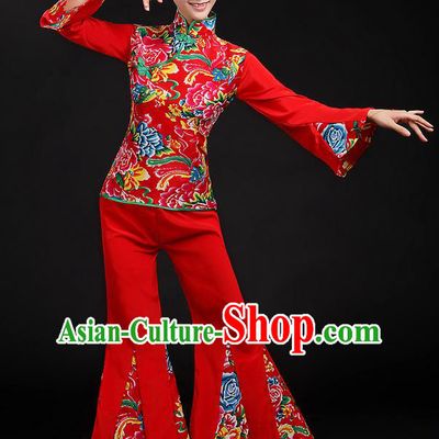 Traditional Chinese Yangge Fan Dancing Costume, Folk Dance Yangko Peony Uniforms, Classic Dance Dress Drum Dance Red Clothing for Women