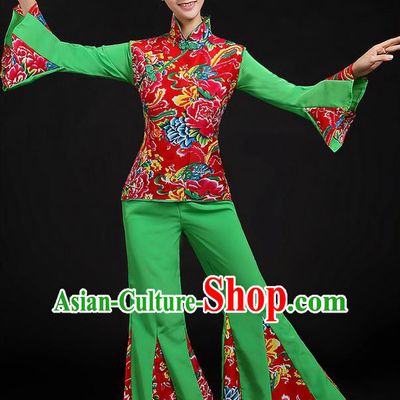 Traditional Chinese Yangge Fan Dancing Costume, Folk Dance Yangko Peony Uniforms, Classic Dance Dress Drum Dance Green Clothing for Women