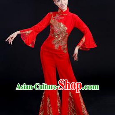 Traditional Chinese Yangge Fan Dancing Costume, Folk Dance Yangko Paillette Phoenix Uniforms, Classic Dance Dress Drum Dance Red Clothing for Women