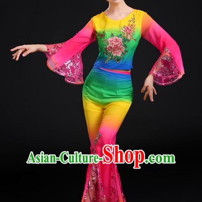 Traditional Chinese Yangge Fan Dancing Costume, Folk Dance Yangko Gradient Paillette Peony Uniforms, Classic Dance Dress Drum Dance Clothing for Women