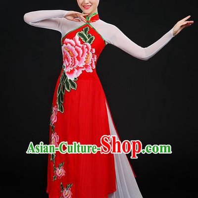Traditional Chinese Yangge Fan Dancing Costume, Folk Dance Yangko Peony Uniforms, Classic Dance Cheongsam Dress Drum Dance Clothing for Women