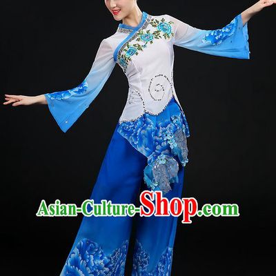 Traditional Chinese Yangge Fan Dancing Costume, Folk Dance Yangko Blue and White Porcelain Uniforms, Classic Dance Cheongsam Dress Drum Dance Blue Clothing for Women