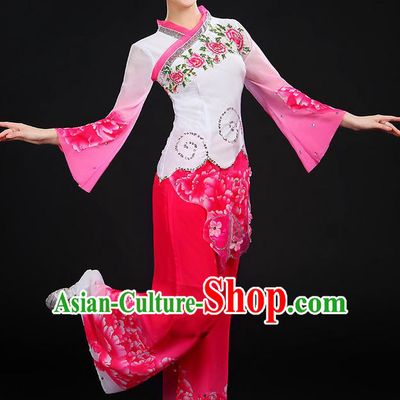 Traditional Chinese Yangge Fan Dancing Costume, Folk Dance Yangko Blue and White Porcelain Uniforms, Classic Dance Cheongsam Dress Drum Dance Pink Clothing for Women