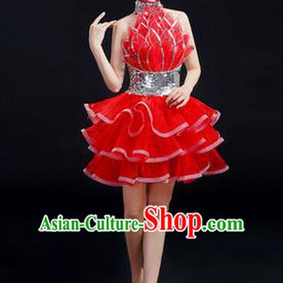 Traditional Modern Dancing Costume, Women Opening Classic Chorus Singing Group Dance Bubble Uniforms, Modern Dance Short Paillette Red Dress for Women