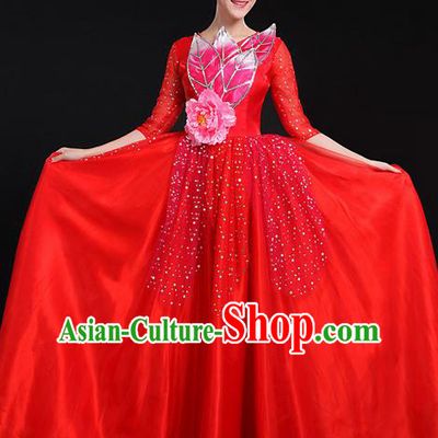 Traditional Modern Dancing Costume, Women Opening Classic Chorus Singing Group Dance Bubble Uniforms, Modern Dance Long Paillette Peony Red Dress for Women
