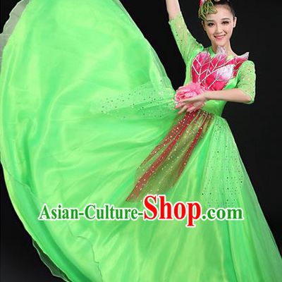 Traditional Modern Dancing Costume, Women Opening Classic Chorus Singing Group Dance Bubble Uniforms, Modern Dance Long Paillette Peony Green Dress for Women