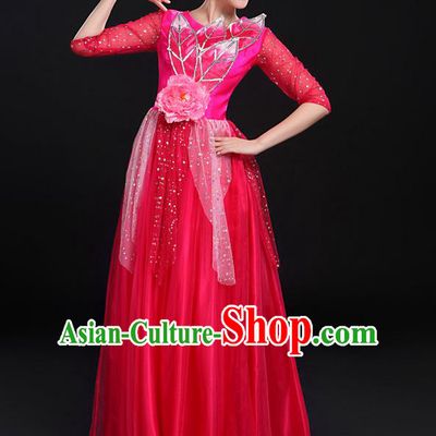 Traditional Modern Dancing Costume, Women Opening Classic Chorus Singing Group Dance Bubble Uniforms, Modern Dance Long Paillette Peony Pink Dress for Women