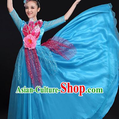 Traditional Modern Dancing Costume, Women Opening Classic Chorus Singing Group Dance Bubble Uniforms, Modern Dance Long Paillette Peony Blue Dress for Women
