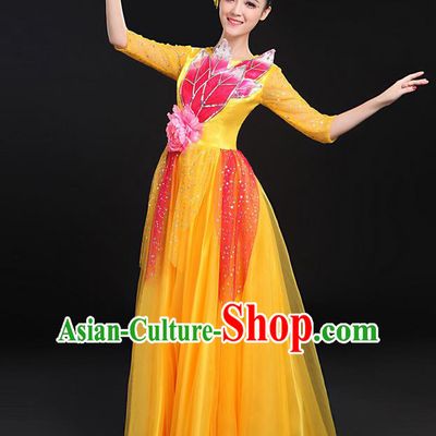 Traditional Modern Dancing Costume, Women Opening Classic Chorus Singing Group Dance Bubble Uniforms, Modern Dance Long Paillette Peony Yellow Dress for Women