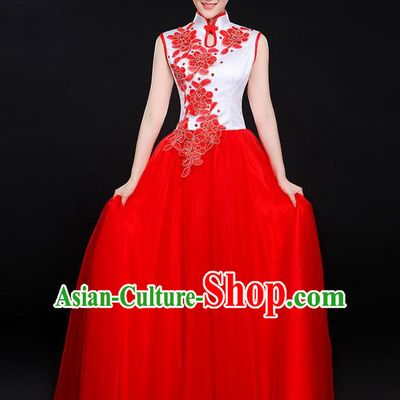 Traditional Modern Dancing Costume, Women Opening Classic Chorus Singing Group Dance Bubble Uniforms, Modern Dance Long Embroidered Cheongsam Dress for Women