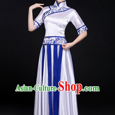 Traditional Modern Dancing Costume, Women Opening Classic Chorus Singing Group Dance Blue and White Porcelain Uniforms, Modern Dance Long Cheongsam Blue Dress for Women