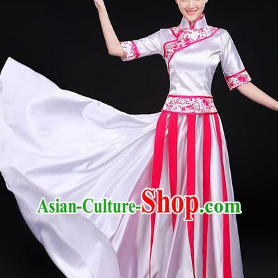 Traditional Modern Dancing Costume, Women Opening Classic Chorus Singing Group Dance Blue and White Porcelain Uniforms, Modern Dance Long Cheongsam Pink Dress for Women
