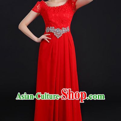 Traditional Modern Dancing Compere Costume, Women Opening Classic Chorus Singing Group Dance Uniforms, Modern Dance Lace Long Red Dress for Women