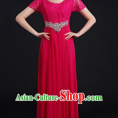 Traditional Modern Dancing Compere Costume, Women Opening Classic Chorus Singing Group Dance Uniforms, Modern Dance Lace Long Rose Dress for Women