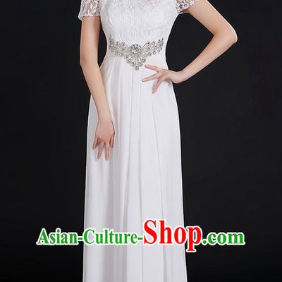 Traditional Modern Dancing Compere Costume, Women Opening Classic Chorus Singing Group Dance Uniforms, Modern Dance Lace Long White Dress for Women