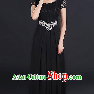 Traditional Modern Dancing Compere Costume, Women Opening Classic Chorus Singing Group Dance Uniforms, Modern Dance Lace Long Black Dress for Women