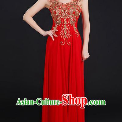 Traditional Modern Dancing Compere Costume, Women Opening Classic Chorus Singing Group Dance Uniforms, Modern Dance Paillette Long Red Dress for Women