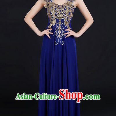 Traditional Modern Dancing Compere Costume, Women Opening Classic Chorus Singing Group Dance Uniforms, Modern Dance Paillette Long Royalblue Dress for Women