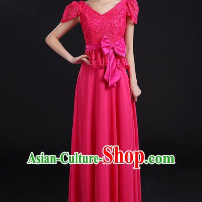 Traditional Modern Dancing Compere Costume, Women Opening Classic Chorus Singing Group Dance Bowknot Uniforms, Modern Dance Lace Long Rose Dress for Women