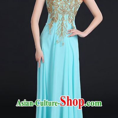 Traditional Modern Dancing Compere Costume, Women Opening Classic Chorus Singing Group Dance Uniforms, Modern Dance Paillette Long Blue Dress for Women