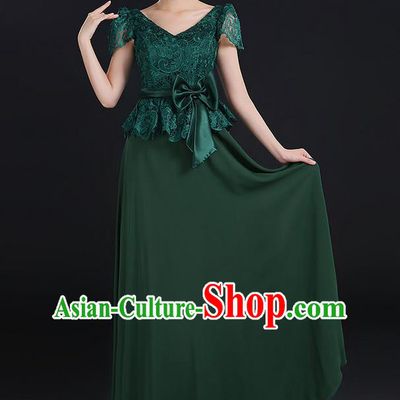 Traditional Modern Dancing Compere Costume, Women Opening Classic Chorus Singing Group Dance Bowknot Uniforms, Modern Dance Lace Long Atrovirens Dress for Women