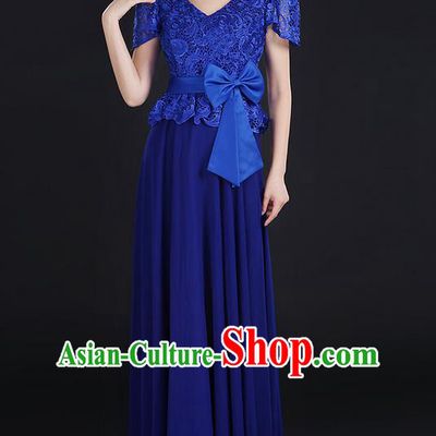 Traditional Modern Dancing Compere Costume, Women Opening Classic Chorus Singing Group Dance Bowknot Uniforms, Modern Dance Lace Long Royalblue Dress for Women