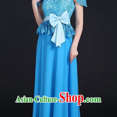 Traditional Modern Dancing Compere Costume, Women Opening Classic Chorus Singing Group Dance Bowknot Uniforms, Modern Dance Lace Long Blue Dress for Women