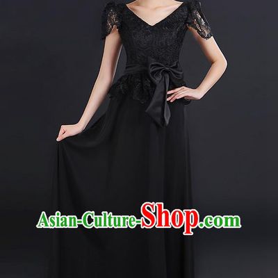 Traditional Modern Dancing Compere Costume, Women Opening Classic Chorus Singing Group Dance Bowknot Uniforms, Modern Dance Lace Long Black Dress for Women