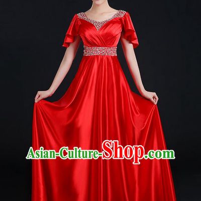 Traditional Chinese Modern Dancing Compere Costume, Women Opening Classic Chorus Singing Group Dance Uniforms, Modern Dance Crystal Long Red Dress for Women