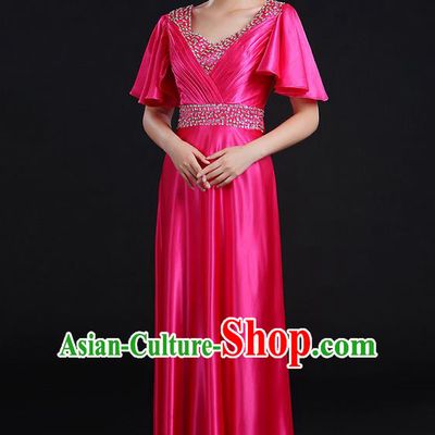 Traditional Chinese Modern Dancing Compere Costume, Women Opening Classic Chorus Singing Group Dance Uniforms, Modern Dance Crystal Long Rose Dress for Women