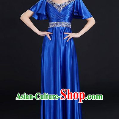 Traditional Chinese Modern Dancing Compere Costume, Women Opening Classic Chorus Singing Group Dance Uniforms, Modern Dance Crystal Long Royalblue Dress for Women