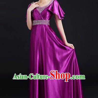 Traditional Chinese Modern Dancing Compere Costume, Women Opening Classic Chorus Singing Group Dance Uniforms, Modern Dance Crystal Long Purple Dress for Women