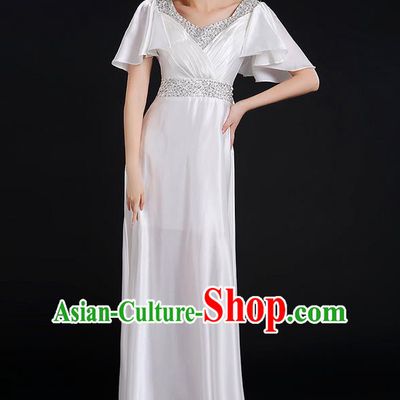 Traditional Chinese Modern Dancing Compere Costume, Women Opening Classic Chorus Singing Group Dance Uniforms, Modern Dance Crystal Long White Dress for Women