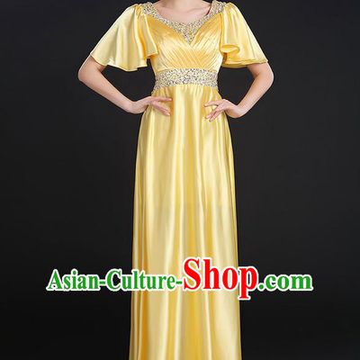 Traditional Chinese Modern Dancing Compere Costume, Women Opening Classic Chorus Singing Group Dance Uniforms, Modern Dance Crystal Long Yellow Dress for Women