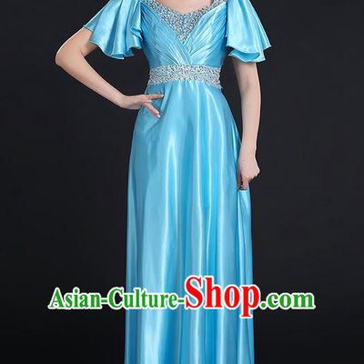Traditional Chinese Modern Dancing Compere Costume, Women Opening Classic Chorus Singing Group Dance Uniforms, Modern Dance Crystal Long Blue Dress for Women