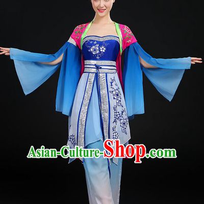 Traditional Chinese Yangge Fan Dancing Costume, Folk Dance Yangko Blue and White Porcelain Uniforms, Classic Dance Dress Drum Dance Blue Clothing for Women