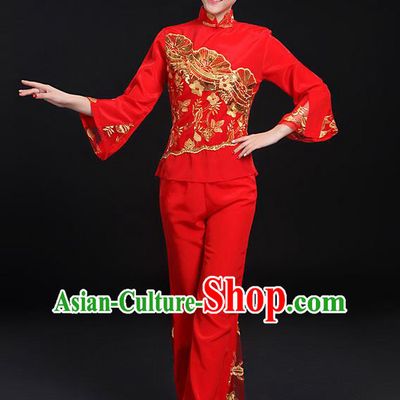Traditional Chinese Yangge Fan Dancing Costume, Folk Dance Yangko Stand Collar Uniforms, Classic Dance Dress Drum Dance Paillette Peony Clothing for Women