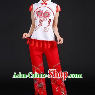 Traditional Chinese Yangge Fan Dancing Costume, Folk Dance Yangko Stand Collar Uniforms, Classic Dance Dress Drum Dance Paillette Clothing for Women