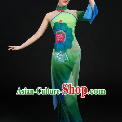 Traditional Chinese Yangge Fan Dancing Costume, Folk Dance Yangko Stand Collar Uniforms, Classic Dance Dress Drum Umbrella Dance Painting Lotus Clothing for Women