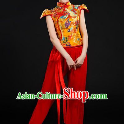 Traditional Chinese Yangge Fan Dancing Costume, Folk Dance Yangko Mandarin Collar Uniforms, Classic Dance Elegant Dress Drum Dance Painting Dragon Golden Clothing for Women